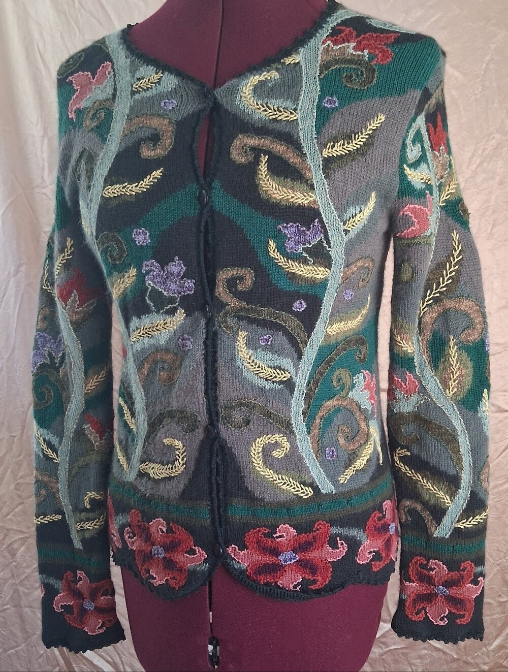 Small Knit Embroidered Cardigan Sweater Wool Art To Wear